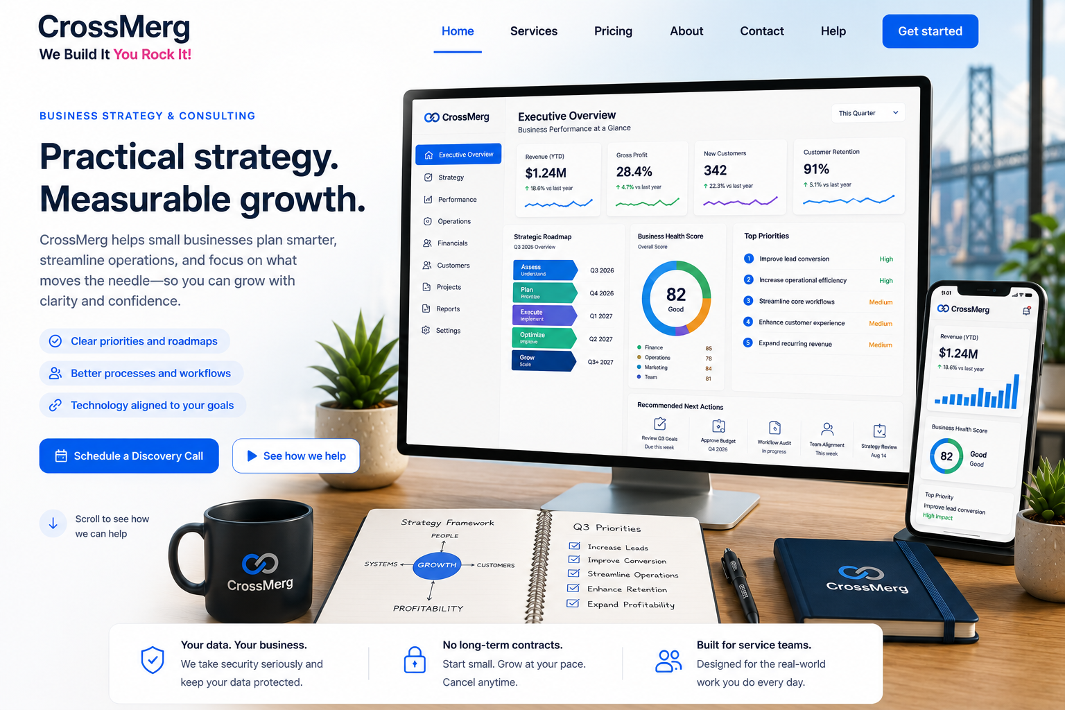 CrossMerg business strategy dashboard showing priorities, operational health, forecasts, workflow bottlenecks, and recommended next actions
