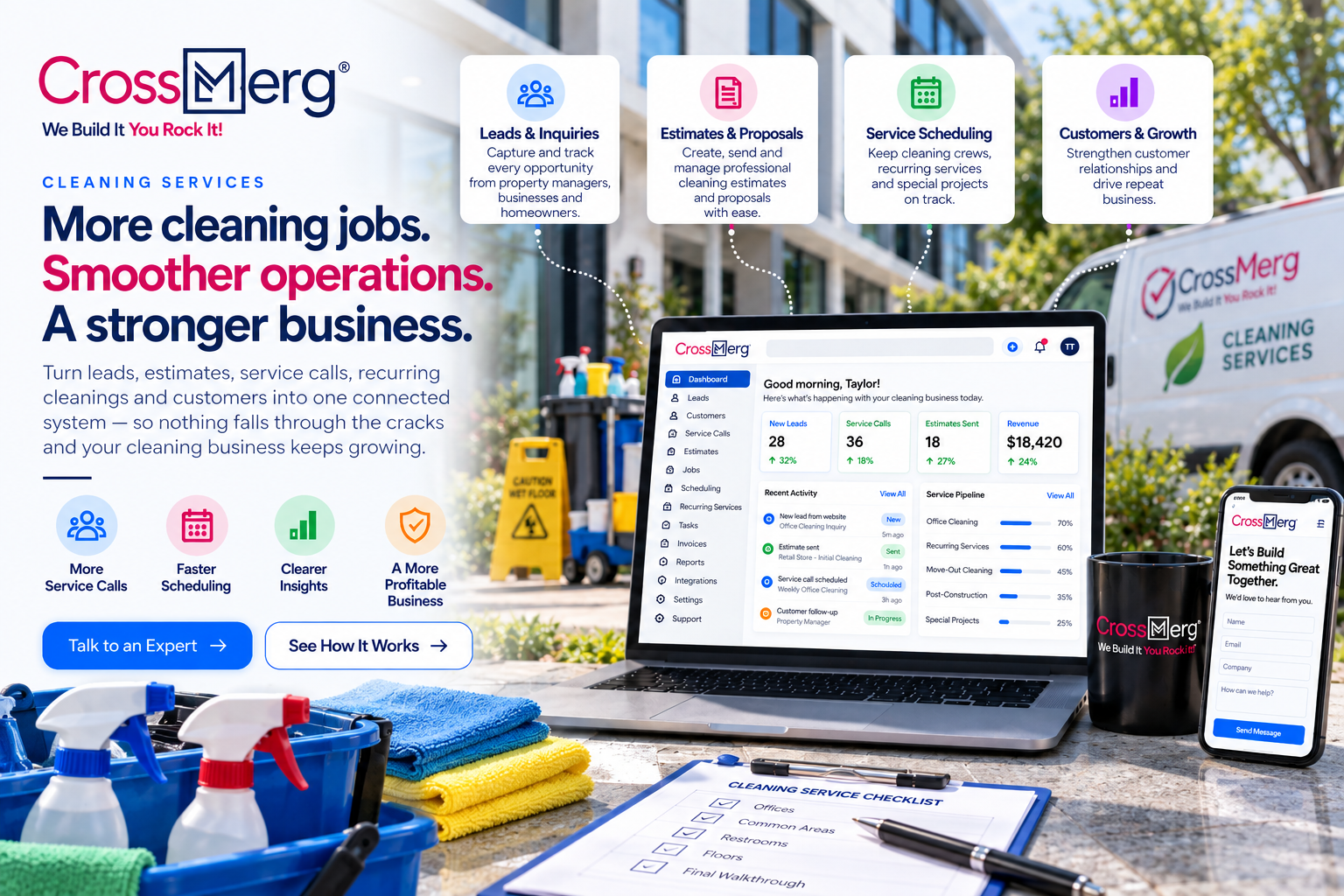 CrossMerg Cleaning Services workspace with CRM dashboard, leads, estimates, scheduling, recurring cleaning, team coordination, customer communication, reporting, cleaning supplies, service checklist, branded vehicle, and customer contact form