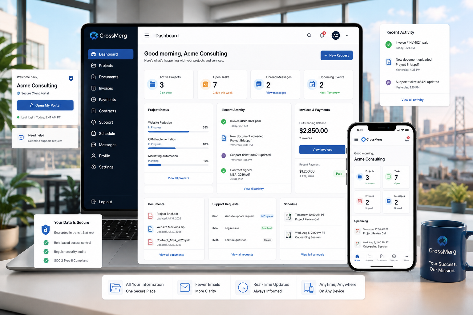 CrossMerg branded client portal shown on desktop and mobile with projects, invoices, documents, support, appointments, and recent activity