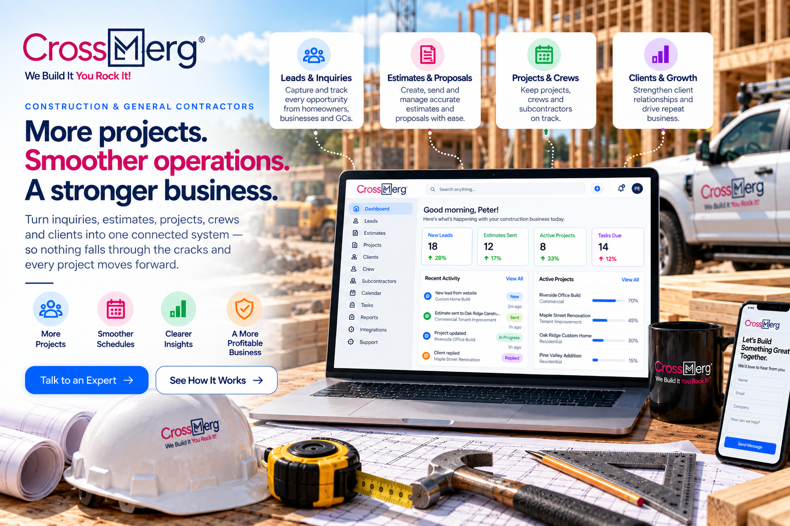 CrossMerg Construction and General Contractors workspace with CRM dashboard, leads, estimates, projects, crews, subcontractors, client relationships, reporting, blueprints, tools, and construction-site context