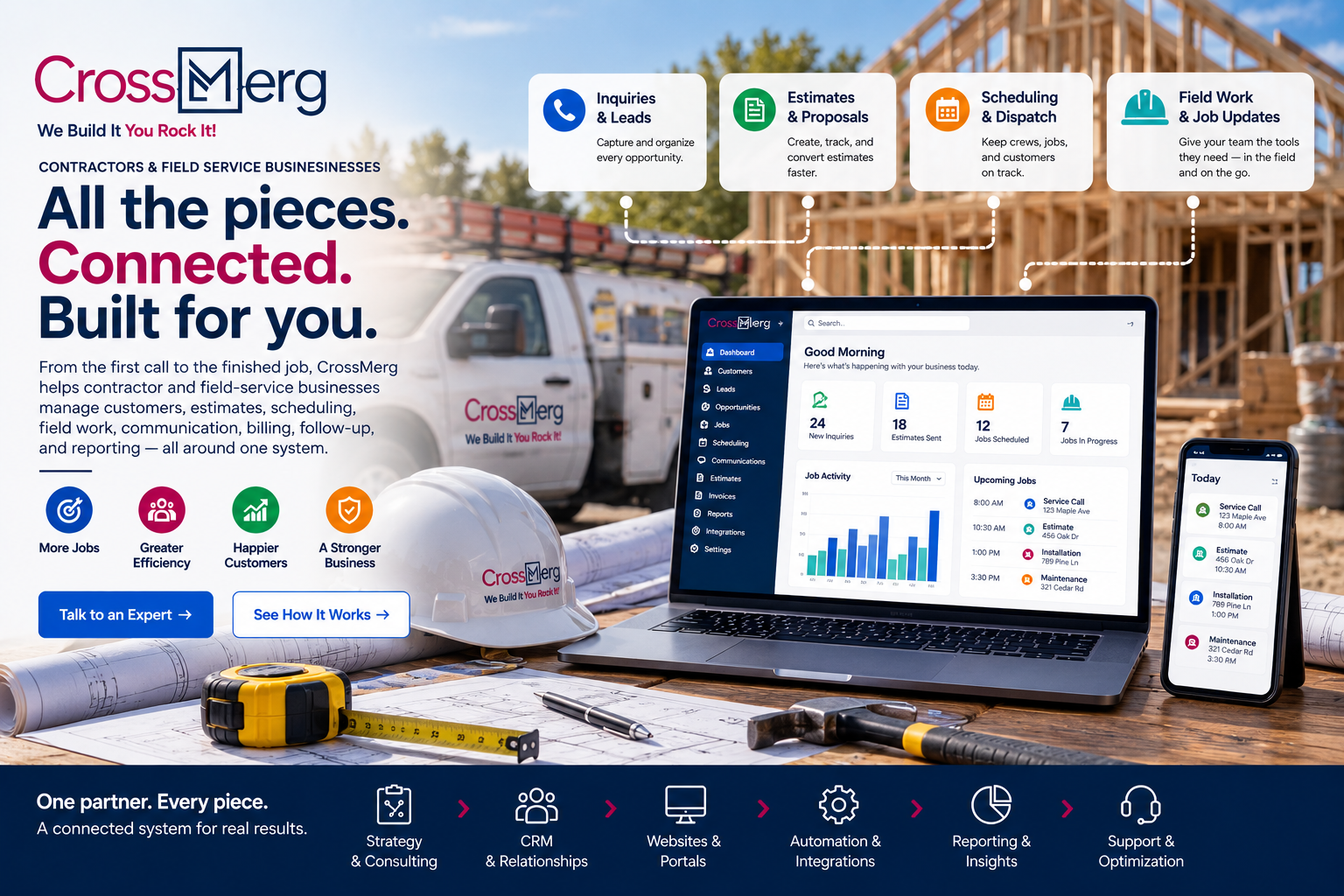 CrossMerg managed business-system workspace for contractor and field-service businesses