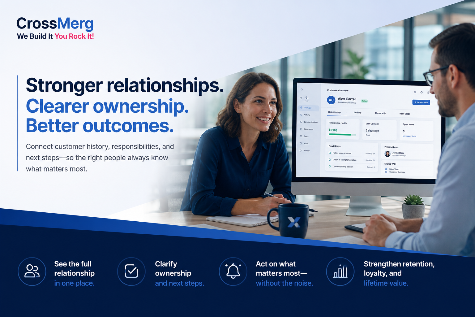 CrossMerg customer relationship workspace showing a customer profile, communication timeline, service activity, opportunities, tasks, renewal status, and relationship health