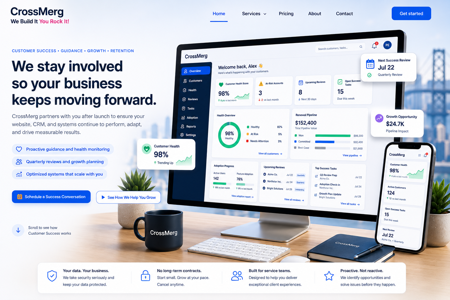 CrossMerg Customer Success partnership with business reviews, training, support, and growth indicators