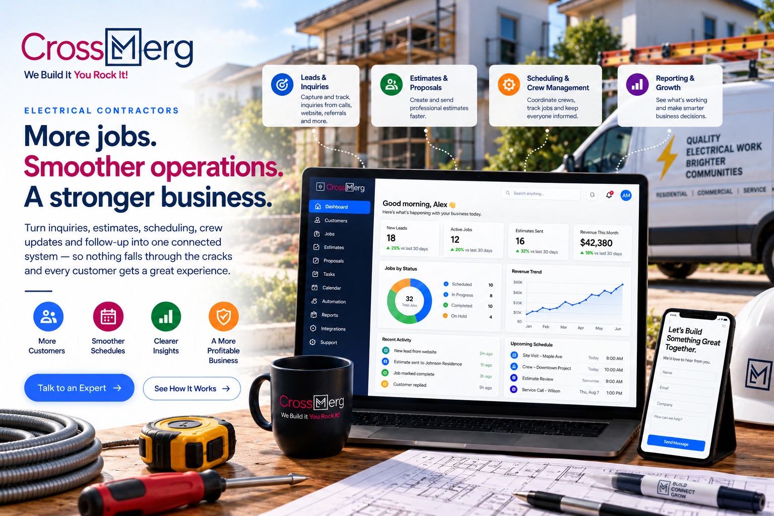 CrossMerg Electrical Contractors workspace with CRM dashboard, leads, estimates, scheduling, service calls, reporting, electrical tools, plans, and field-service business context