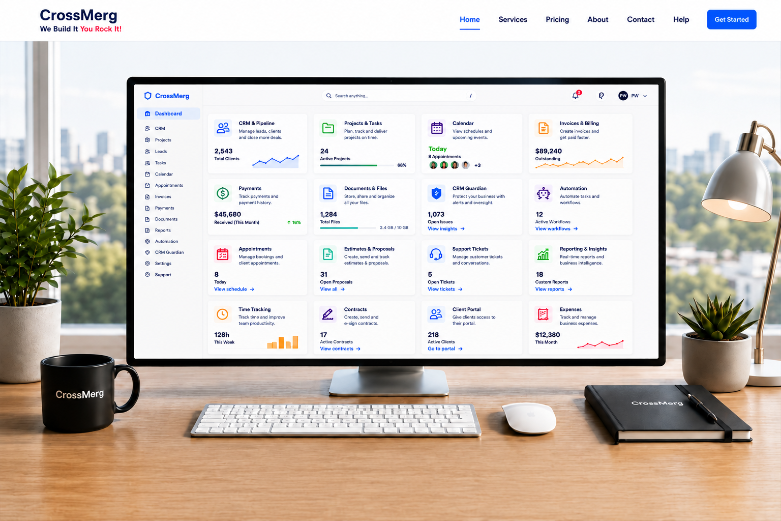 CrossMerg dashboard showing CRM, projects, billing, automation, documents, reporting, support, and client portal tools