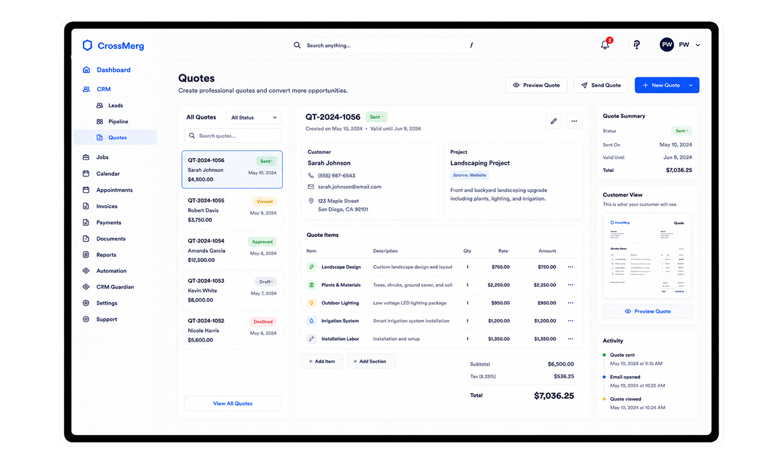 CrossMerg Quotes workflow screen preview