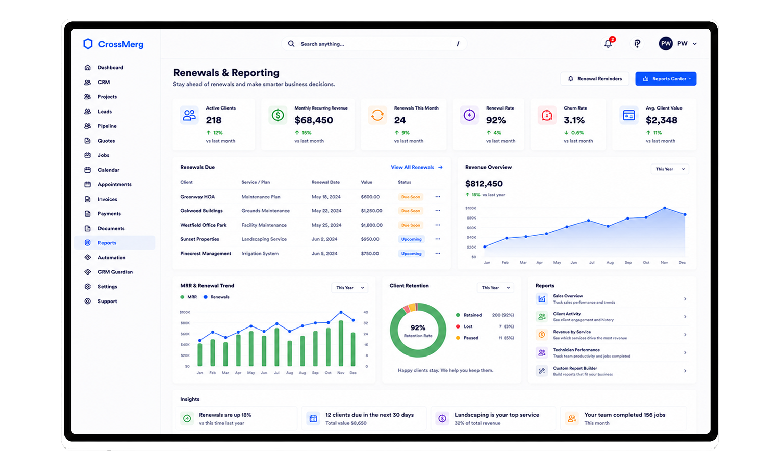 CrossMerg Renewals & Reporting workflow screen preview