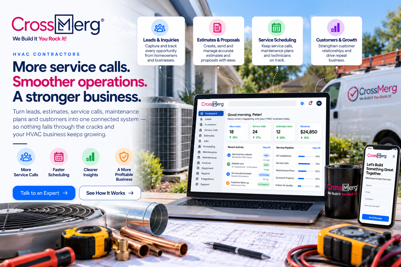 CrossMerg HVAC Contractors workspace with CRM dashboard, leads, estimates, service scheduling, technicians, equipment history, maintenance opportunities, reporting, HVAC tools, plans, service vehicle, and customer contact form