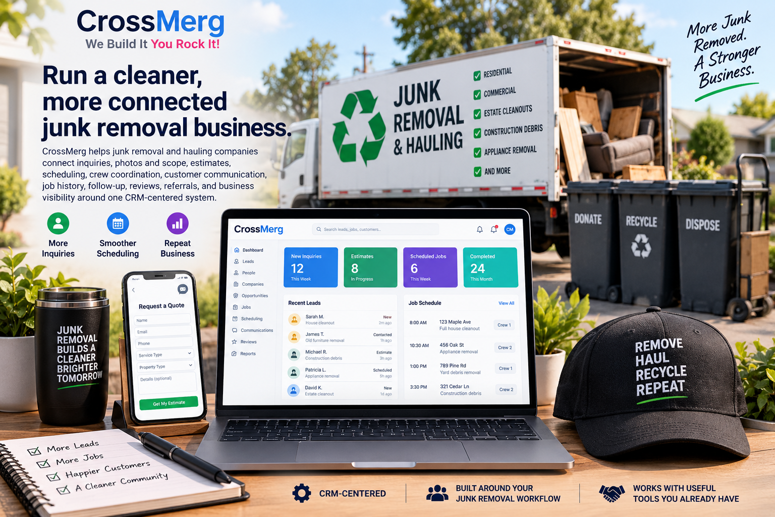 CrossMerg Junk Removal & Hauling workspace with CRM dashboard, leads, estimates, scheduling, recurring junk removal and hauling, crew coordination, customer communication, reporting, junk removal and hauling supplies, service checklist, branded vehicle, and customer contact form