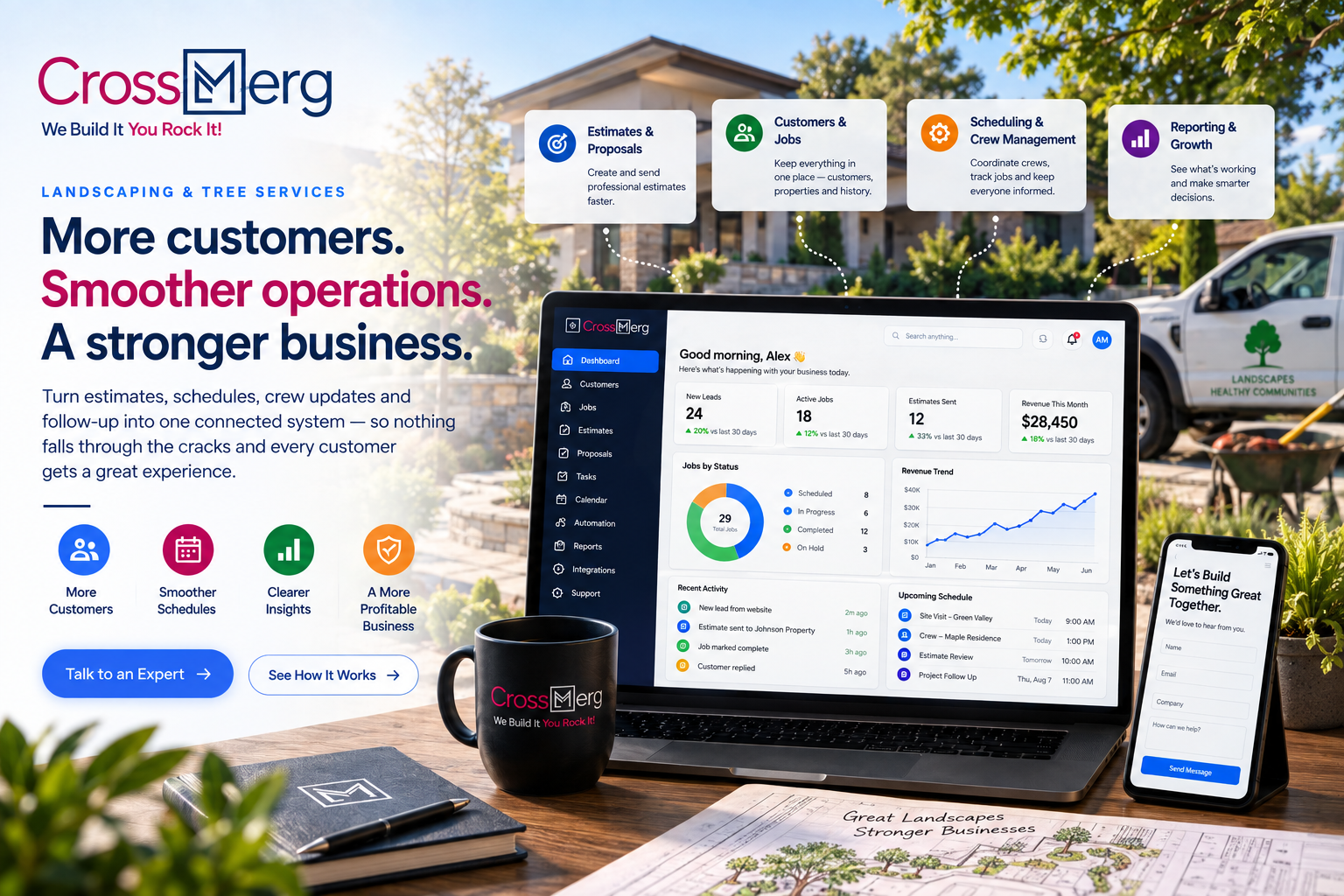 CrossMerg Landscaping and Tree Services workspace with CRM dashboard, estimates, scheduling, jobs, reporting, customer follow-up, and field-service business context