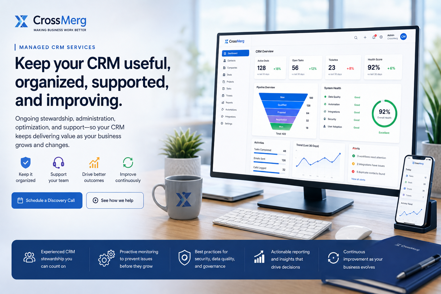 CrossMerg Managed CRM Services workspace showing ongoing CRM stewardship, support, reporting, and optimization