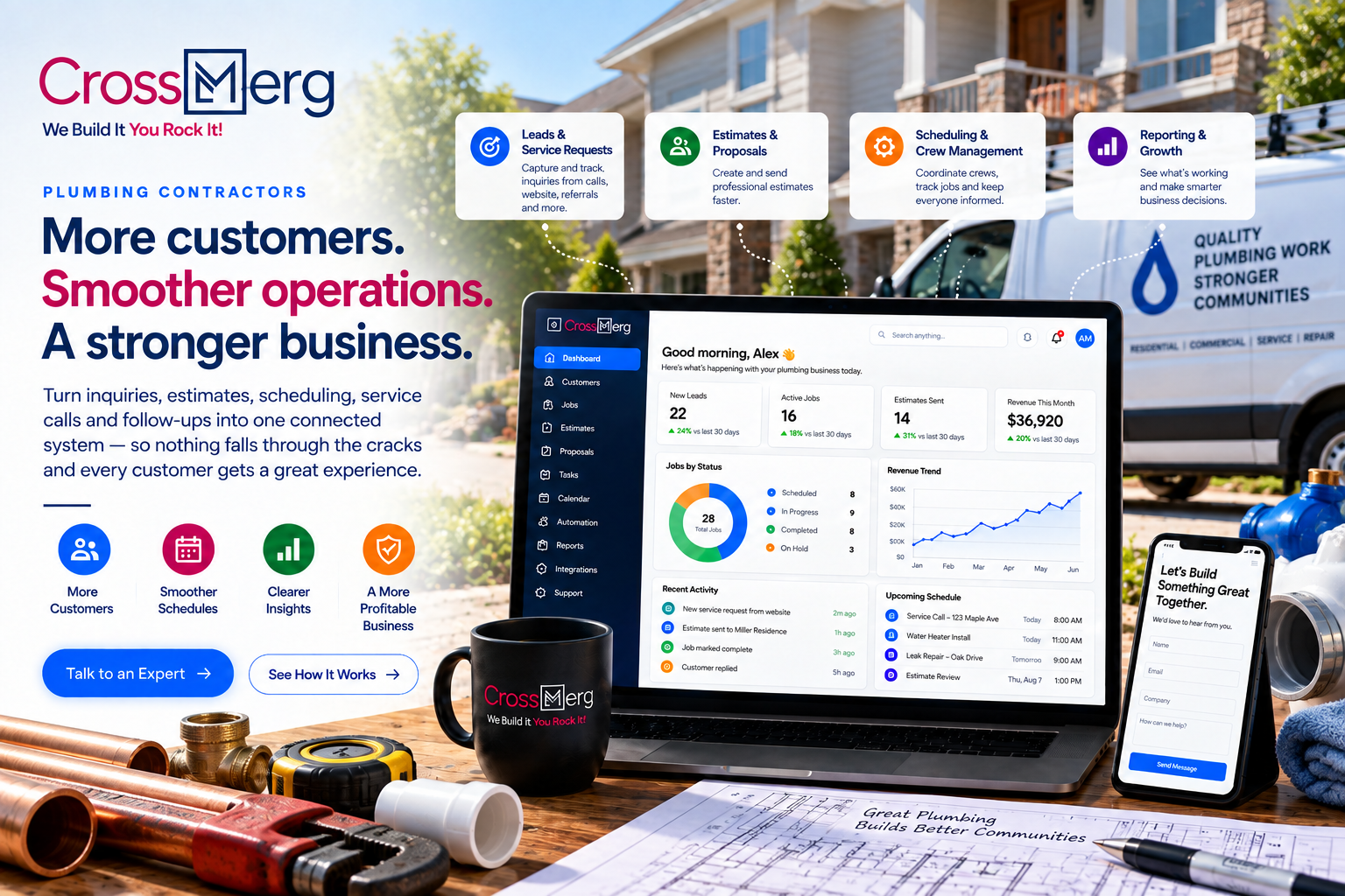 CrossMerg Plumbing Contractors workspace with CRM dashboard, service requests, estimates, scheduling, crew management, reporting, plumbing tools, plans, and service-business context
