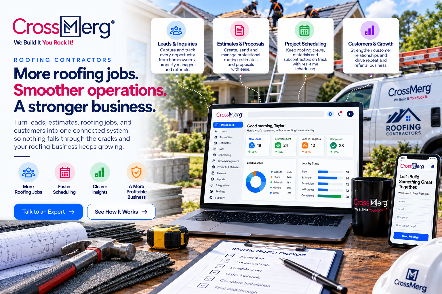 CrossMerg Roofing Contractors workspace with CRM dashboard, leads, estimates, project scheduling, roofing crews, customer communication, reporting, roofing tools, materials, branded vehicle, and customer contact form