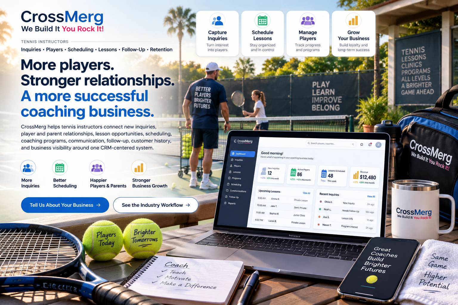 CrossMerg business systems workspace for tennis instructors with CRM, player inquiries, scheduling, follow-up, customer relationships, and reporting context